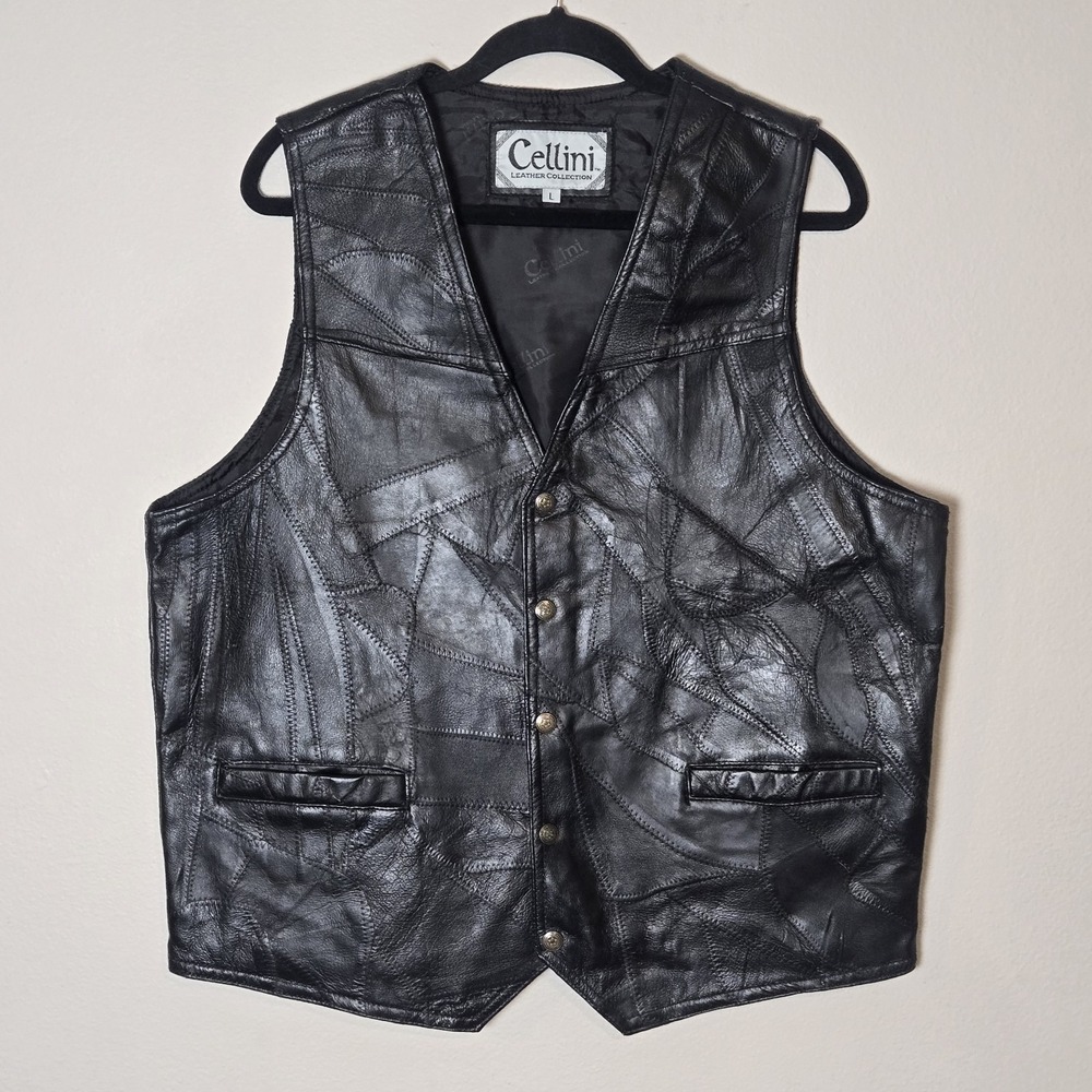 Vintage Cellini Black Leather Patchwork Vest Men Sz L Lined Biker Snap Closure